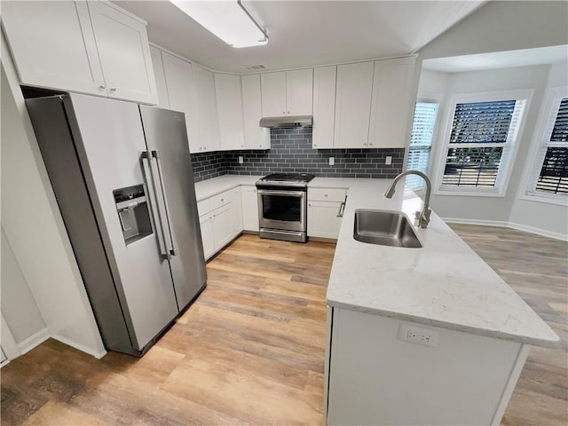 kitchen featuring appliances with stainless steel finishes, light wood-style floors, a sink, a peninsula, and under cabinet range hood