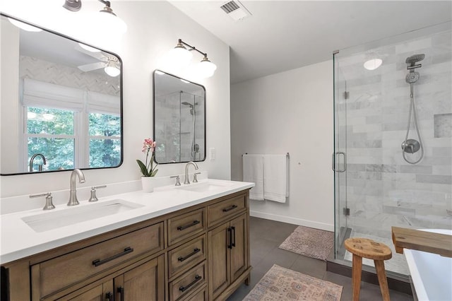 1867 N Creek Cir, Alpharetta, GA 30009 - full bath featuring a stall shower, double vanity, tile patterned flooring, and baseboards