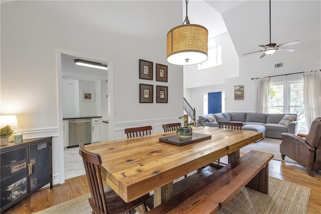 1867 N Creek Cir, Alpharetta, GA 30009 - dining area with high vaulted ceiling, a ceiling fan, a wainscoted wall, stairs, and light wood finished floors