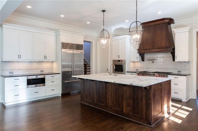 kitchen featuring appliances with stainless steel finishes, white cabinets, custom range hood, and dark wood finished floors