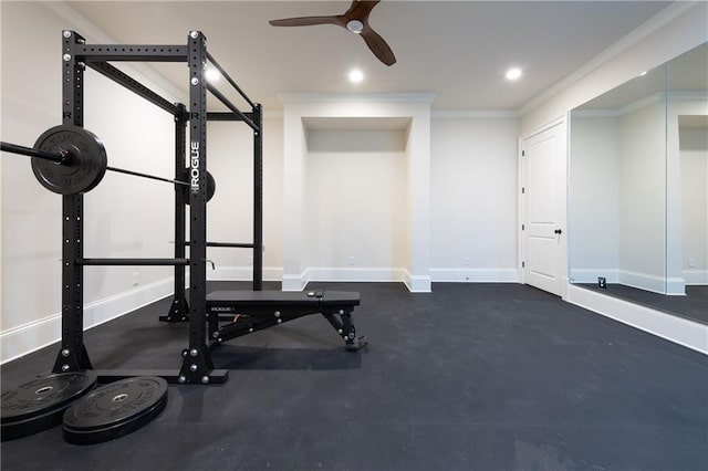 exercise area featuring ornamental molding, recessed lighting, baseboards, and a ceiling fan