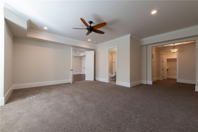 unfurnished bedroom featuring carpet, baseboards, ornamental molding, and recessed lighting