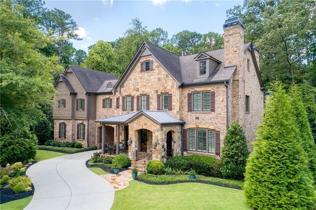 view of front of property featuring driveway, a chimney, covered porch, a front lawn, and brick siding