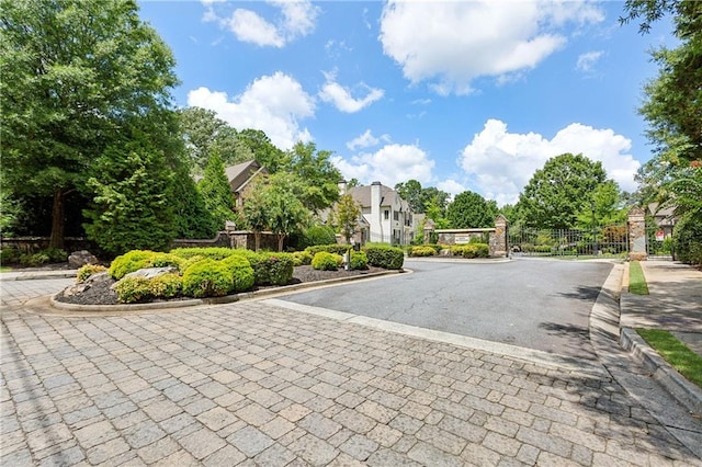 view of street featuring a gate, curbs, and a gated entry