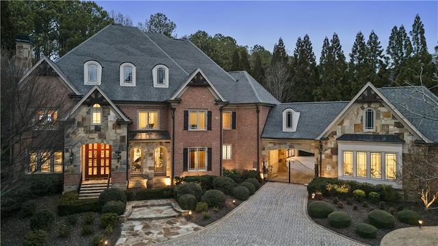 french country home with stone siding, a gate, decorative driveway, and brick siding