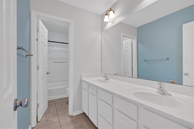 full bathroom with tile patterned flooring, vanity, toilet, and  shower combination