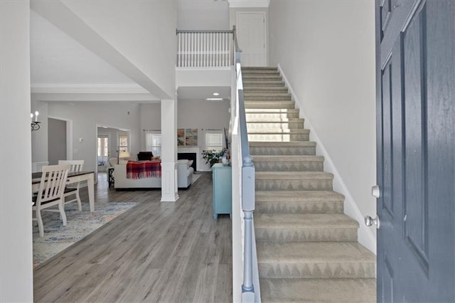 entryway featuring hardwood / wood-style flooring and a high ceiling