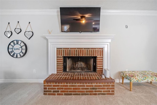 interior details with carpet flooring, crown molding, and a fireplace