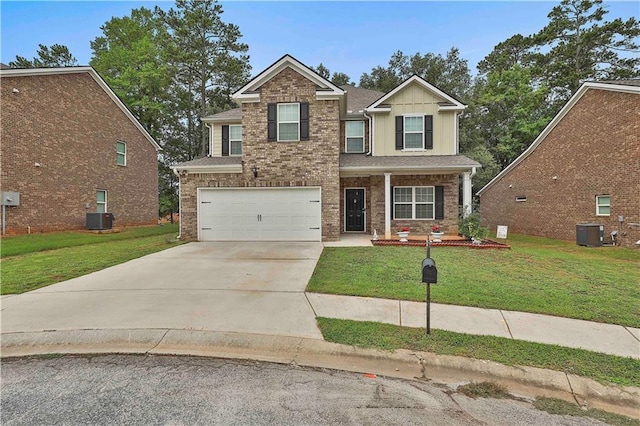 view of front of property with brick siding, board and batten siding, cooling unit, driveway, and a front lawn