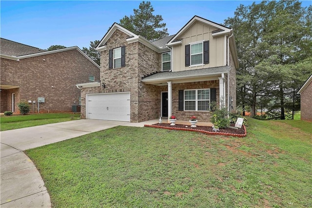 view of front of home with concrete driveway, an attached garage, a front lawn, board and batten siding, and brick siding