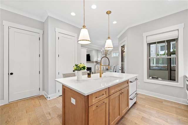 1010 Fendley St, Woodstock, GA 30188 - kitchen featuring a sink, crown molding, light wood-style flooring, baseboards, and decorative light fixtures