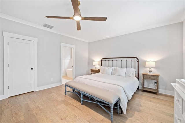 1010 Fendley St, Woodstock, GA 30188 - bedroom featuring ornamental molding, light wood-style flooring, baseboards, ensuite bathroom, and a ceiling fan