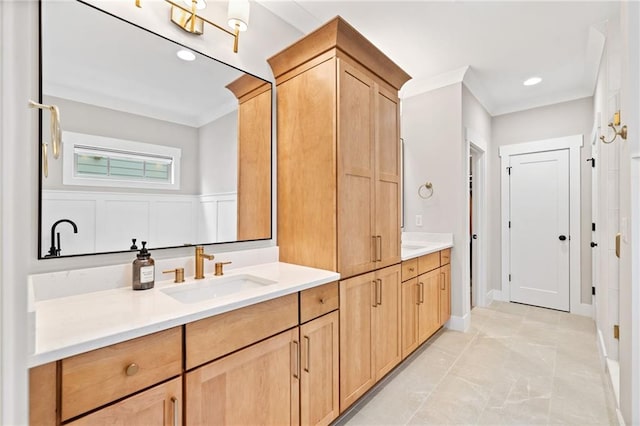 1010 Fendley St, Woodstock, GA 30188 - full bath with vanity, crown molding, marble finish flooring, and recessed lighting