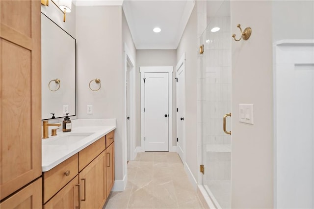 1010 Fendley St, Woodstock, GA 30188 - full bathroom with a stall shower, vanity, baseboards, marble finish flooring, and recessed lighting