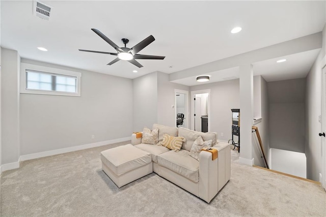 1010 Fendley St, Woodstock, GA 30188 - living area featuring light carpet, baseboards, recessed lighting, and a ceiling fan