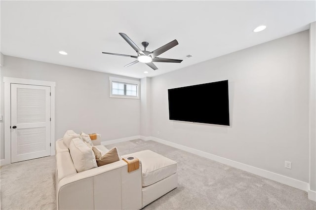 1010 Fendley St, Woodstock, GA 30188 - living area featuring light carpet, recessed lighting, ceiling fan, and baseboards