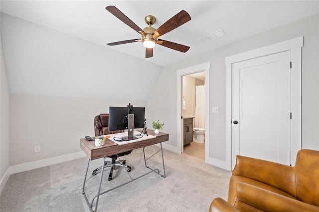1010 Fendley St, Woodstock, GA 30188 - home office featuring ceiling fan, light carpet, lofted ceiling, and baseboards