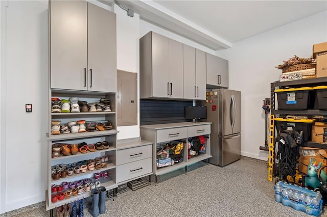 1010 Fendley St, Woodstock, GA 30188 - kitchen featuring freestanding refrigerator, electric panel, gray cabinetry, baseboards, and light countertops