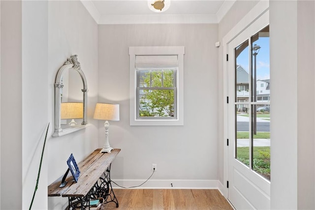 1010 Fendley St, Woodstock, GA 30188 - entryway featuring healthy amount of natural light, wood finished floors, baseboards, and crown molding