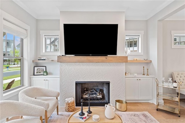 1010 Fendley St, Woodstock, GA 30188 - living room with light wood-style flooring, a fireplace, and crown molding