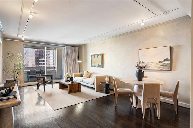 living room featuring hardwood / wood-style floors, ornamental molding, and rail lighting