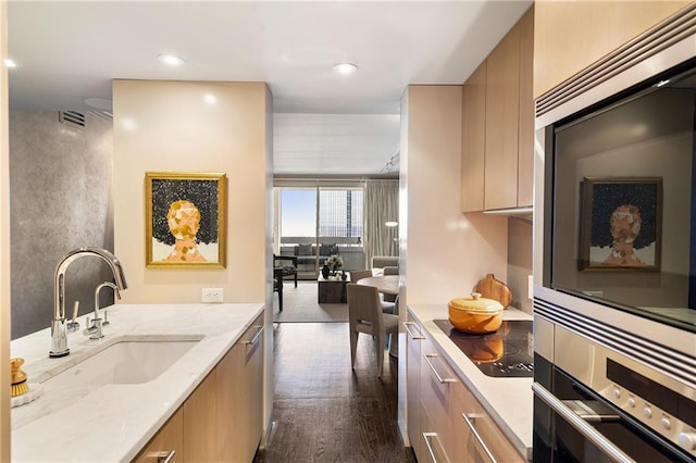 kitchen featuring sink, dark wood-type flooring, appliances with stainless steel finishes, light stone counters, and light brown cabinetry