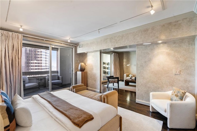 bedroom with dark hardwood / wood-style flooring, access to exterior, track lighting, and ornamental molding