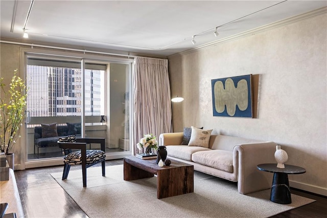 living room featuring track lighting, ornamental molding, and hardwood / wood-style floors