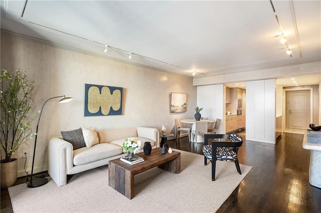 living room with crown molding, dark wood-type flooring, and rail lighting