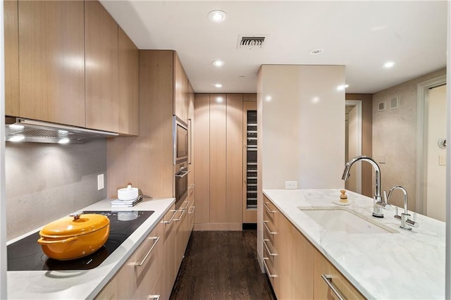 kitchen featuring light brown cabinetry, sink, custom exhaust hood, dark hardwood / wood-style flooring, and stainless steel appliances