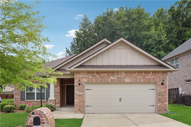 craftsman inspired home featuring a garage, a front yard, and central air condition unit