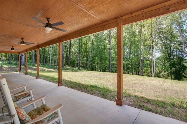 618 W Glade Creek Rd, Clarkesville, GA 30523 - view of patio featuring a ceiling fan and a wooded view