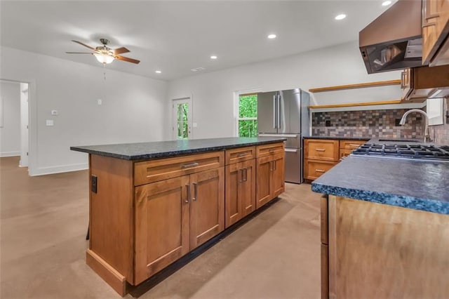 618 W Glade Creek Rd, Clarkesville, GA 30523 - kitchen featuring stainless steel appliances, range hood, concrete flooring, ceiling fan, and tasteful backsplash