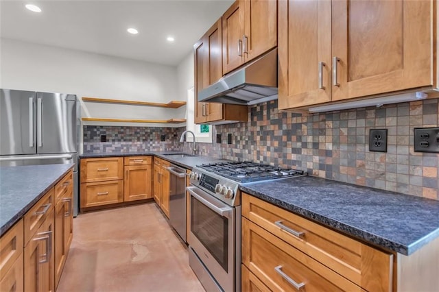 618 W Glade Creek Rd, Clarkesville, GA 30523 - kitchen featuring appliances with stainless steel finishes, a sink, under cabinet range hood, open shelves, and backsplash