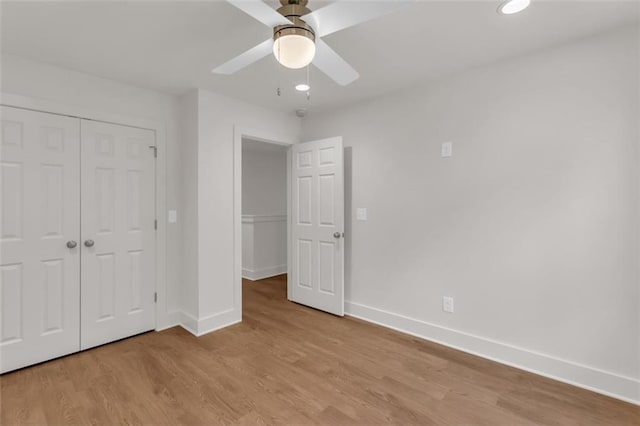 618 W Glade Creek Rd, Clarkesville, GA 30523 - unfurnished bedroom featuring baseboards, light wood-type flooring, a closet, ceiling fan, and recessed lighting