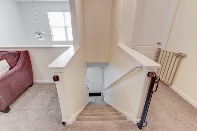 stairs with baseboards and carpet floors