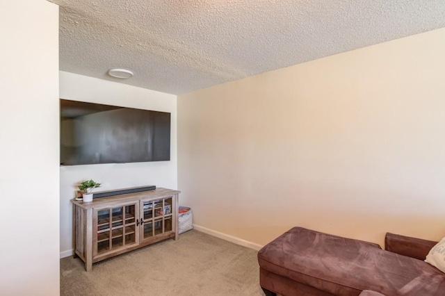 sitting room featuring baseboards, a textured ceiling, and carpet flooring