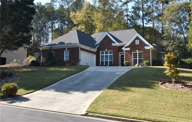 view of front of home with a garage and a front lawn