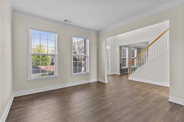 foyer featuring stairway, baseboards, dark wood-style flooring, and ornamental molding