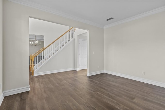 interior space featuring visible vents, crown molding, stairway, an inviting chandelier, and dark wood-style flooring