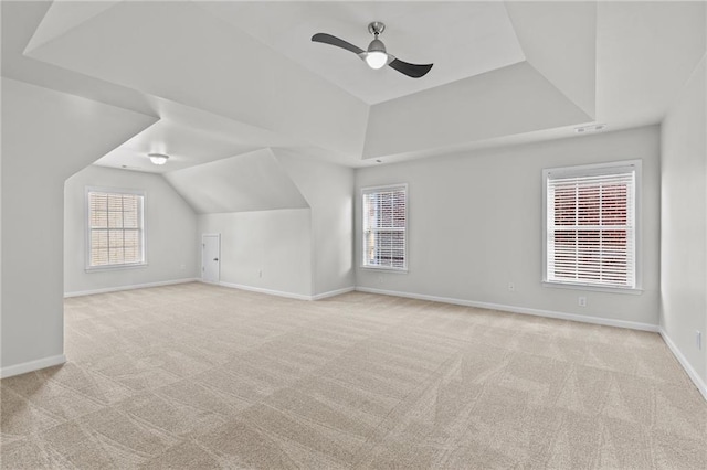 bonus room with visible vents, ceiling fan, baseboards, and carpet