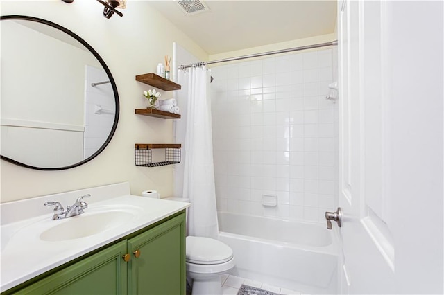 full bath with toilet, vanity, shower / bath combination with curtain, and tile patterned floors