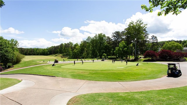 view of property's community with a putting green, a lawn, golf course view, and view of wooded area