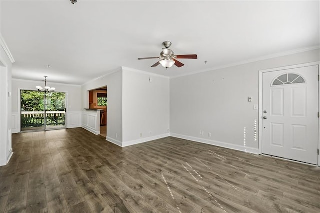 2825 NE Expy NE Unit F003, Atlanta, GA 30345 - unfurnished living room with a chandelier, dark wood-type flooring, ceiling fan, and crown molding