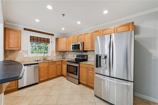 2825 NE Expy NE Unit F003, Atlanta, GA 30345 - kitchen featuring appliances with stainless steel finishes, light stone counters, crown molding, tasteful backsplash, and light tile patterned flooring