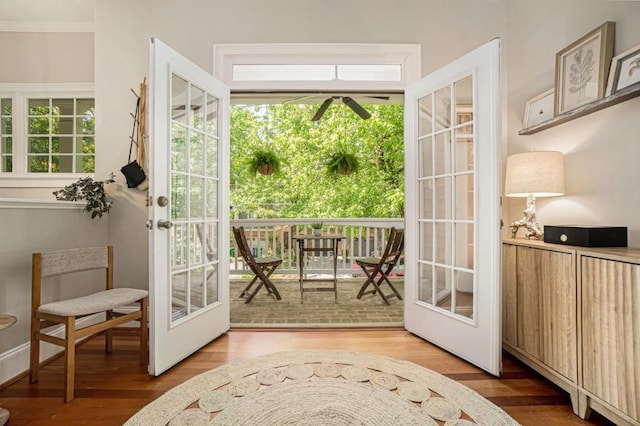 doorway with french doors and wood finished floors