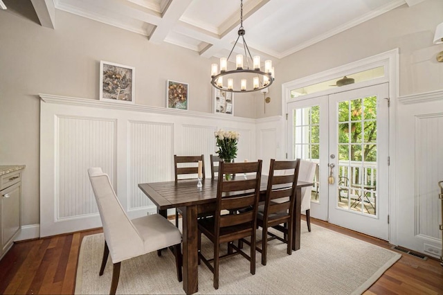 dining space featuring french doors, a chandelier, wood finished floors, beam ceiling, and coffered ceiling