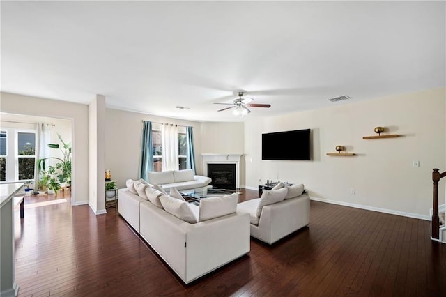living room with plenty of natural light, a ceiling fan, a glass covered fireplace, and dark wood finished floors