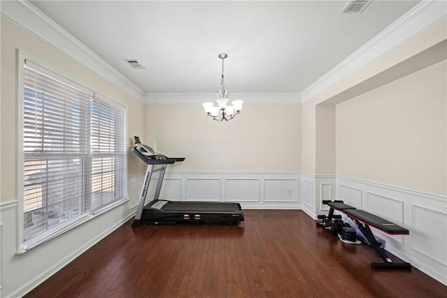 workout area featuring a chandelier, dark wood-style flooring, a wainscoted wall, and ornamental molding