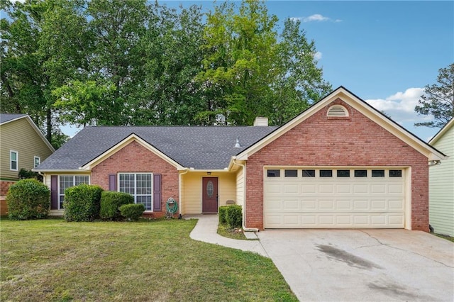 ranch-style home with brick siding, driveway, an attached garage, a front lawn, and a chimney